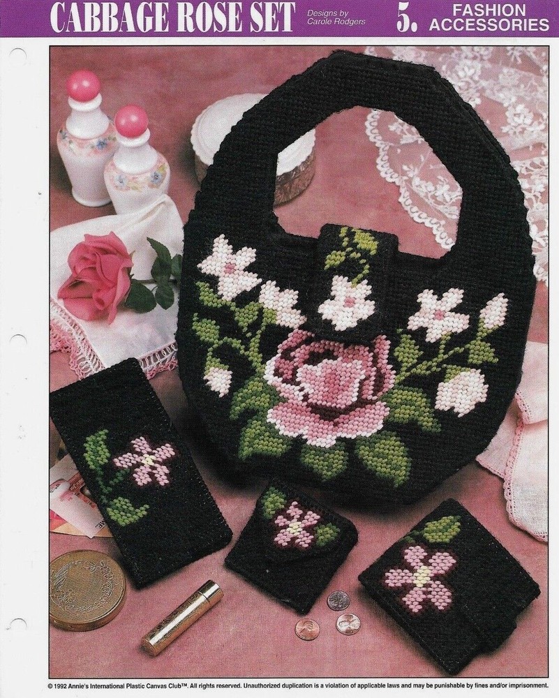 NEW CABBAGE ROSE SET HANDBAG ANNIE'S PLASTIC CANVAS PATTERN INSTRUCTIONS