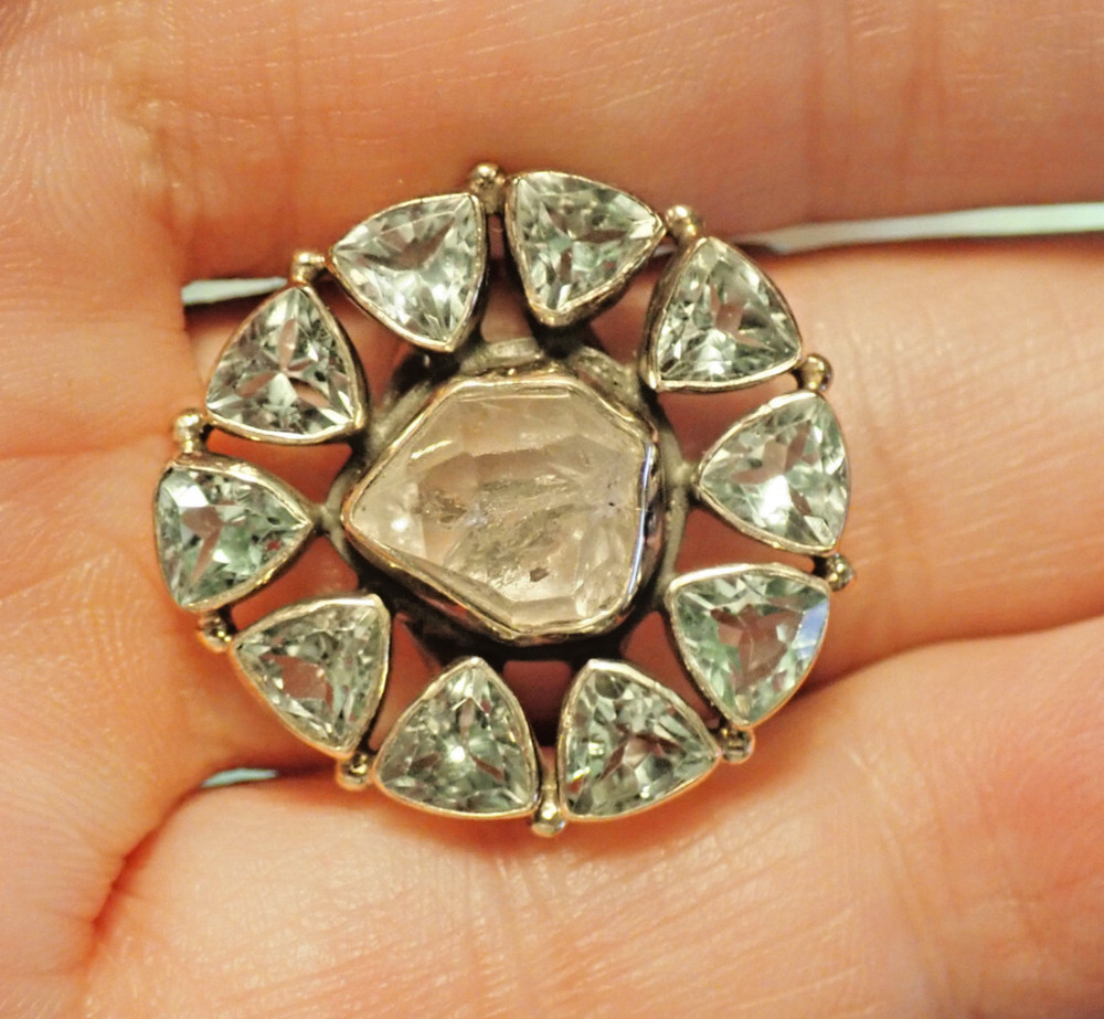 Herkimer Diamond & Blue Topaz Sterling Silver Ring sz 8