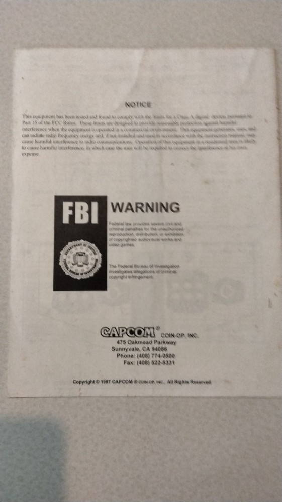 Marvel VS. Capcom Clash Super Heroes Operators Manual Arcade Original