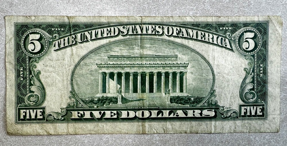 1953 $5 Silver Certificate Blue Seal Error Off Center/Misaligned Note