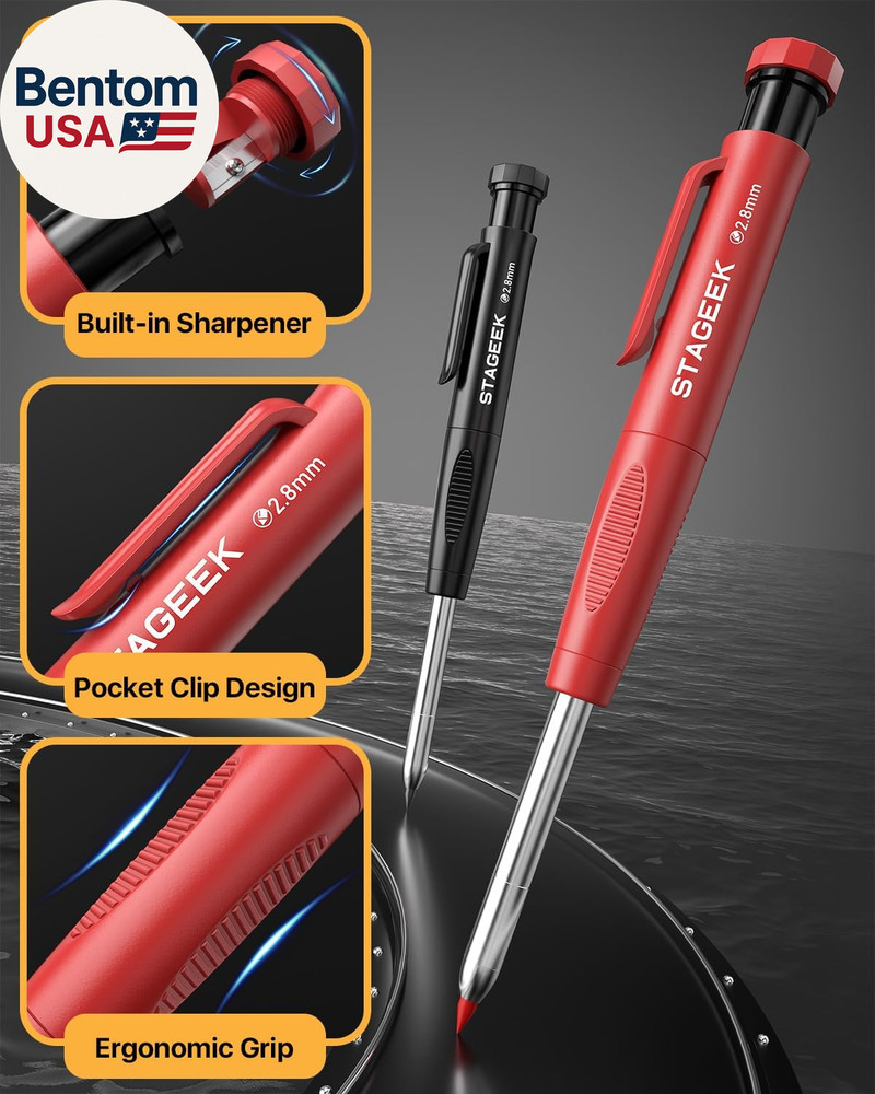 2PCS Carpenter Pencils with Sharpener, Heavy Duty Woodworking Tools, Mechanical