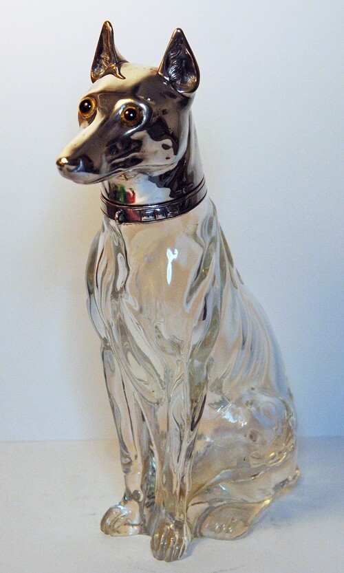 Sterling Mounted Glass Schnapps-Pinscher Decanter, Continental c 1900