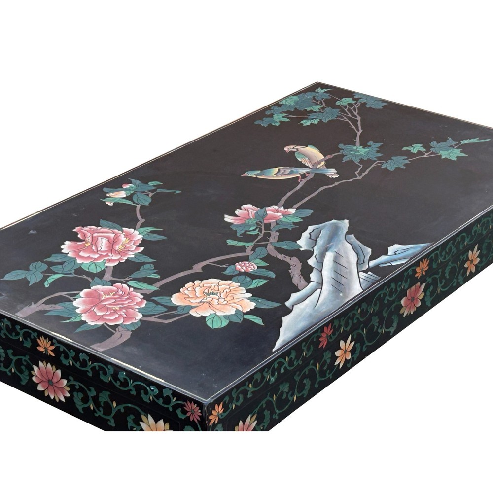 Chinese Black Lacquer Flower Birds Graphic Rectangular Low Coffee Table GB144