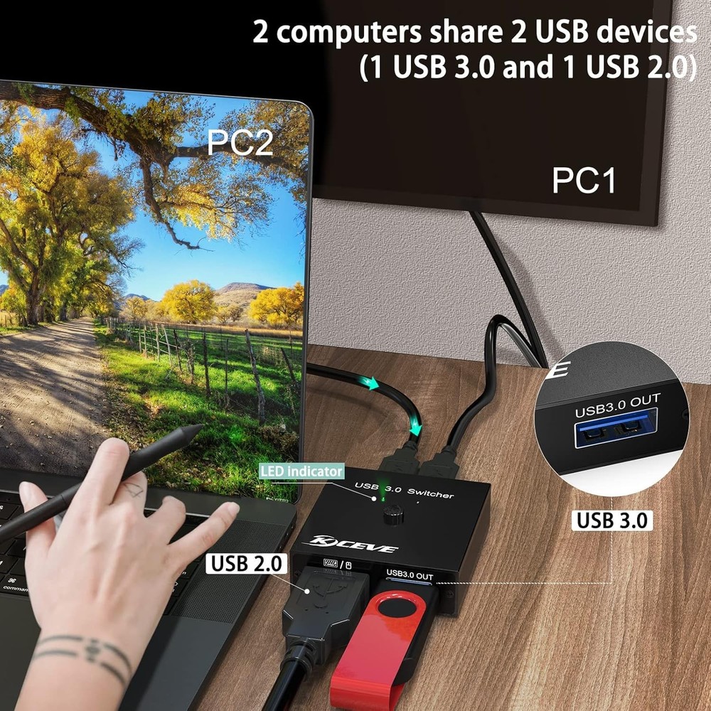 USB 3.0 Switch 2 Computers, 2 in 2 Out USB Switcher | Share Printer, Scanner