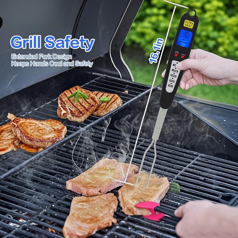 Digital Meat Thermometer Fork, Read Meat BBQ Fork Thermometer with Dual Probe...