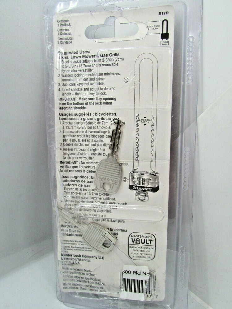 Master Lock 517D Laminated Padlock with Long Shackle 2 Keys NIB