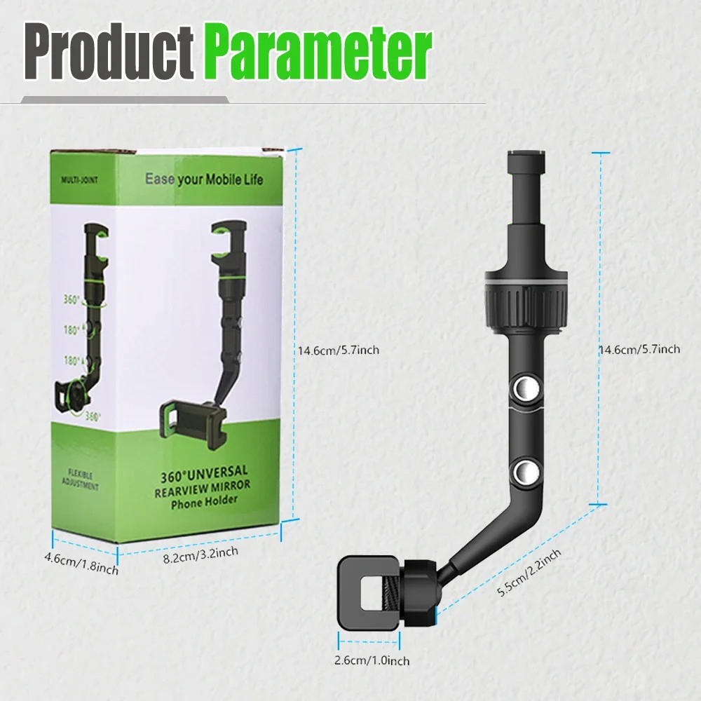 360° Car Rearview Mirror Rotation Adjustable Phone Holder Mount Multifunction