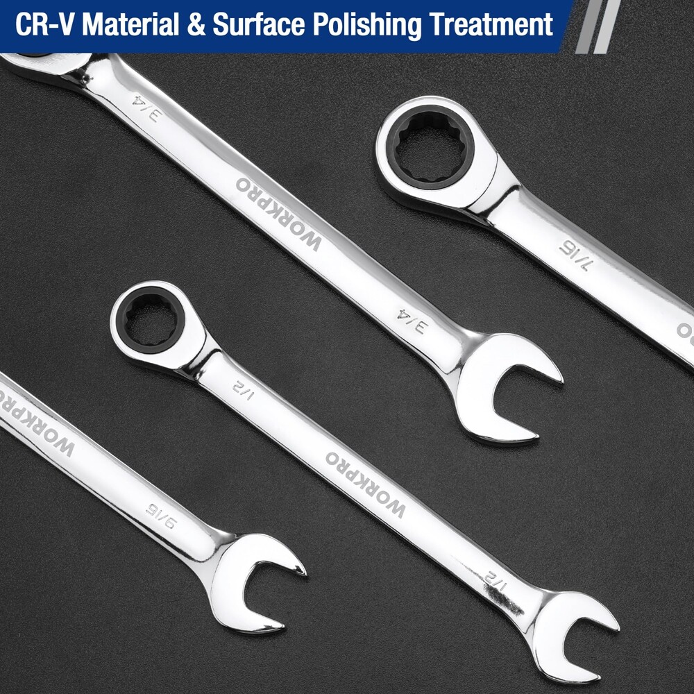WORKPRO 1/2" Ratcheting Combination Wrench SAE 12-Point Design, 15-Degree Offset
