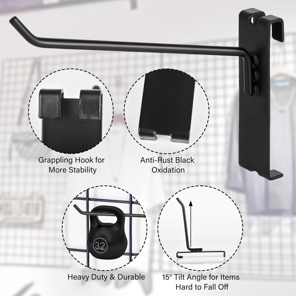 12 PCS 4-Inch Heavy Duty Black Gridwall Display Hooks for Grid Wall Panel