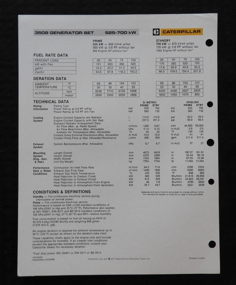1980's CATERPILLAR "3508 DIESEL ENGINE GENERATOR SET" SPECIFICATIONS BROCHURE