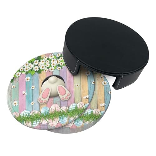 6 Pcs Easter Eggs Bunny Coasters with Holder,Office Bar Dining Table Home
