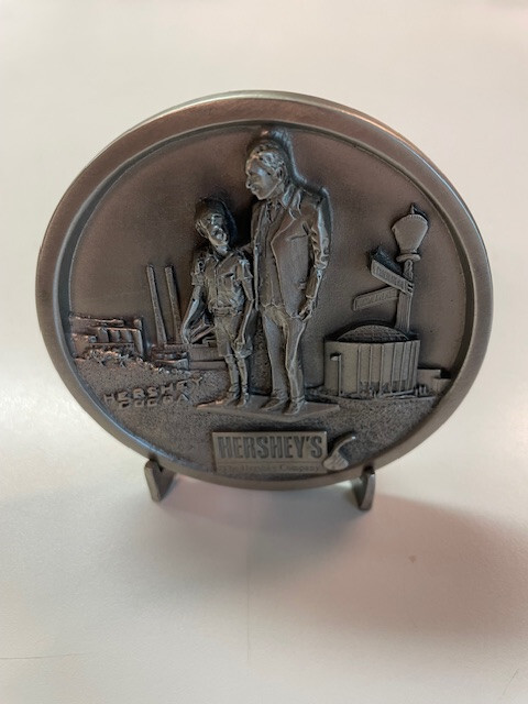 Vintage Hershey Medallion Recognition Award & Stand w/ Milton Hershey & Student
