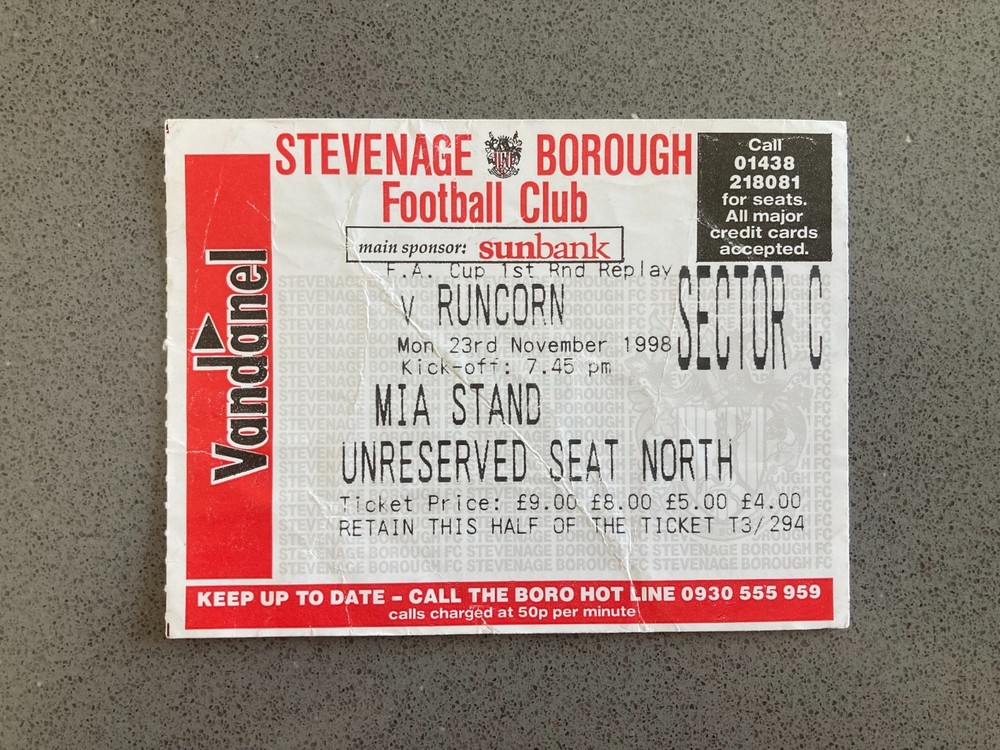 Stevenage Borough v Runcorn 1998-99 Match Ticket