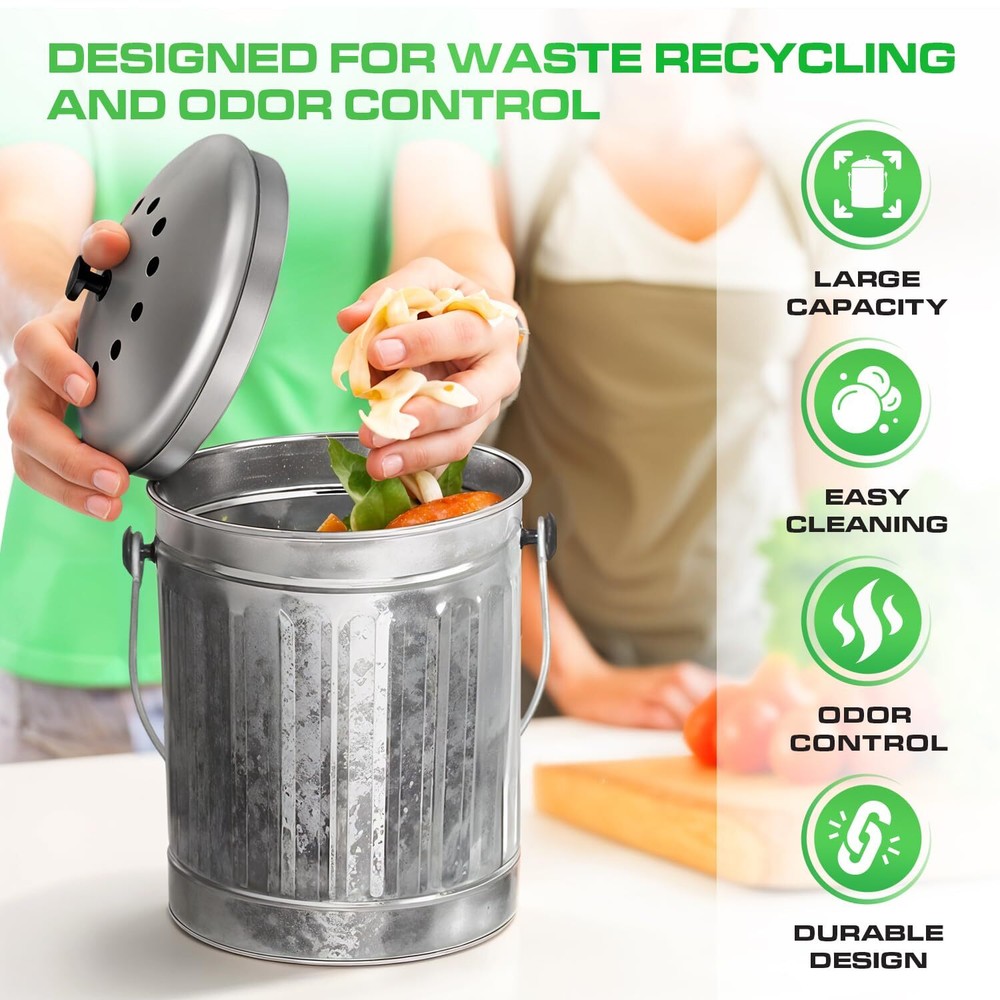 Countertop Compost Bin with Lid Silver 1.5 Gallon Odorless Kitchen Compost Co...