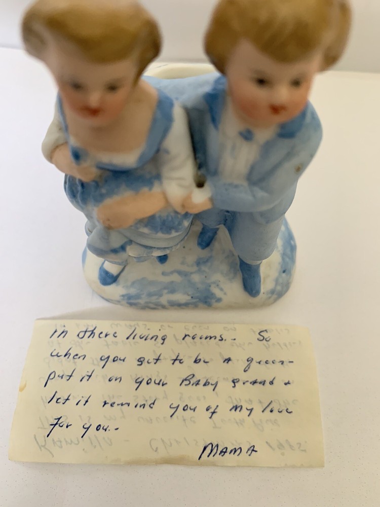 Bisque Toothpick Holder Colonial Couple Tree Stump Unbranded Personal Note