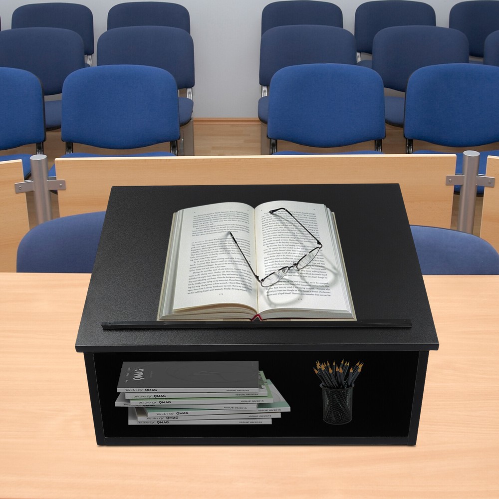 Black Tabletop Lectern with Storage for Classroom Presentations