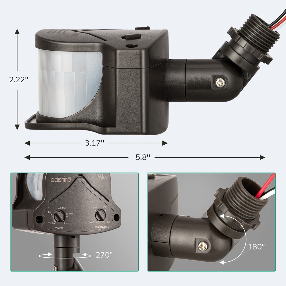 EDISHINE Motion Sensor, Automatic Dusk to Dawn,Detection Range,Brown,Floodlight