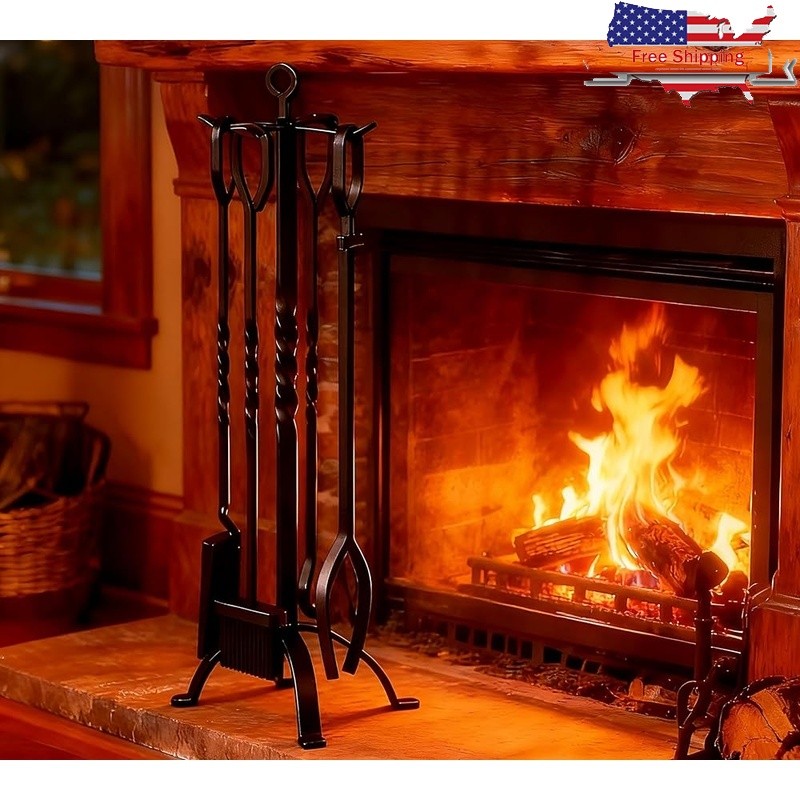 Ergonomic Fireplace Tools Set Cast Iron Fire Pit Accessories Durable 5 Piece New