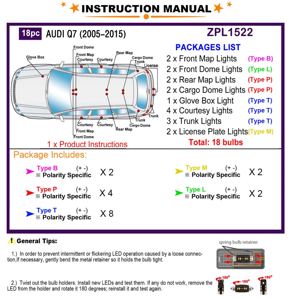 LED Interior Light Kit for AUDI Q7 2005-2015 White Light Bulb Upgrade Error Free