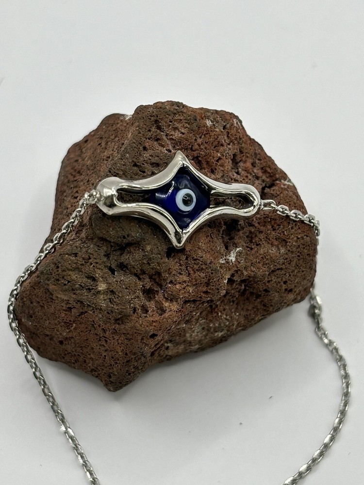 Solid 925 Sterling  Dark Blue  Evil Eye Bracelet 7.5 Inch. Hand Made