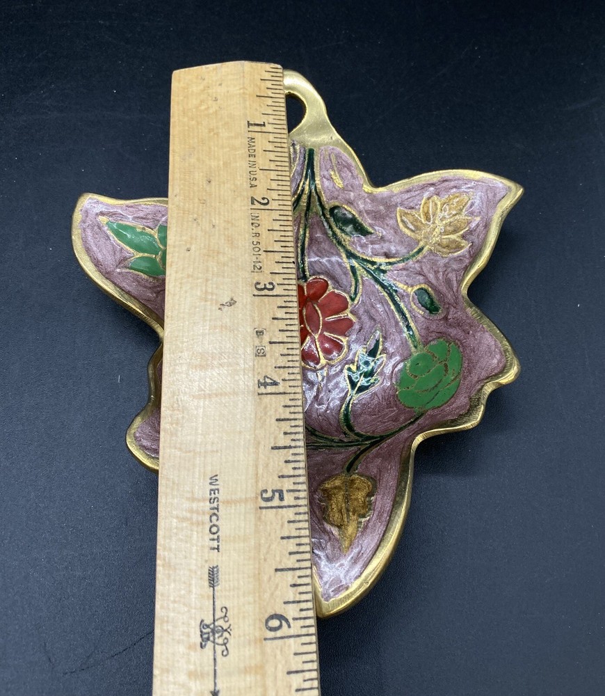 Enameled Brass 6” Maple Leaf Dish Tray Floral Design