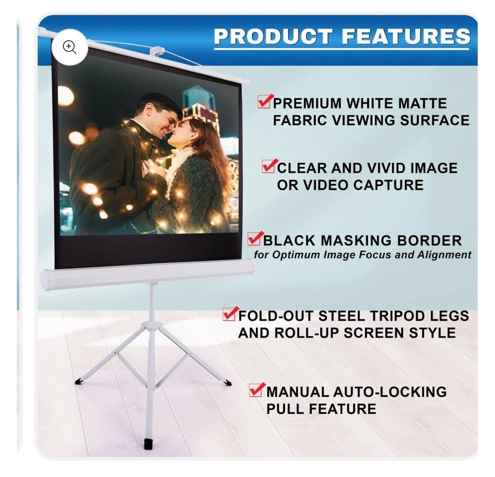 Portable Projector Screen 40" Easy Setup Matte White Tripod Stand