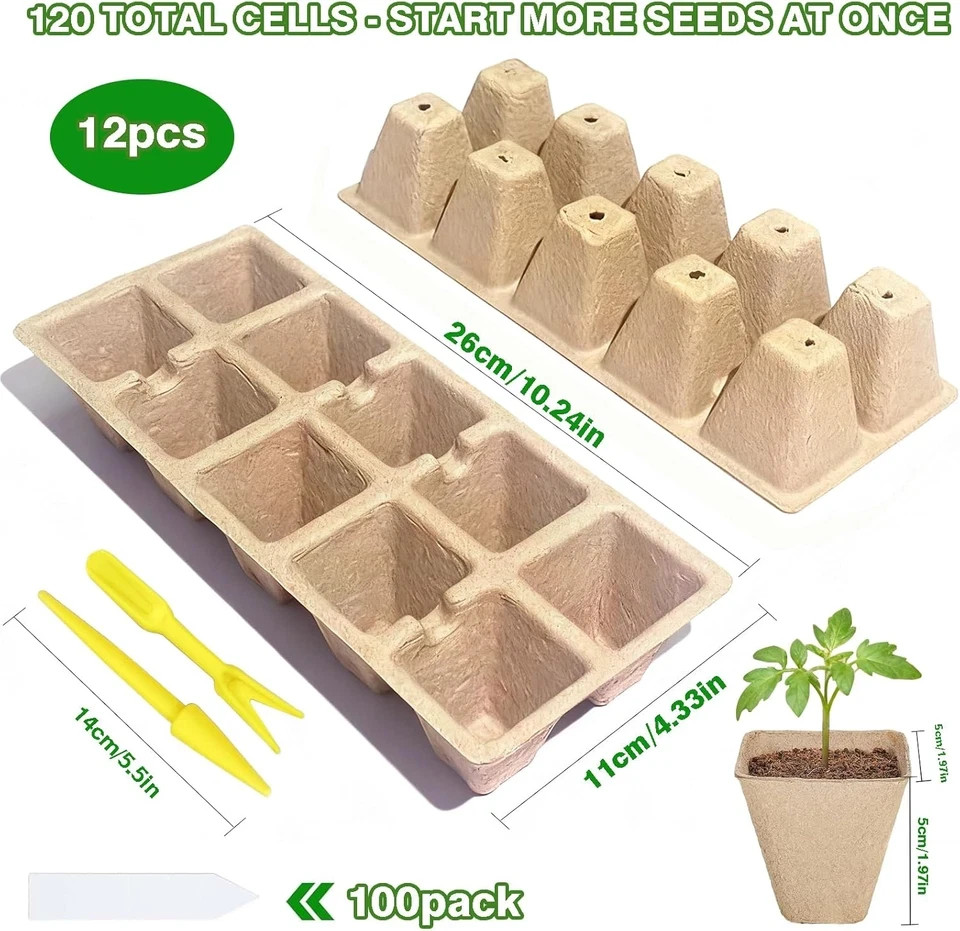 120 Cells Seed Starter Tray, 12 Pack Germination Peat Pots with 100 Labels, Plan
