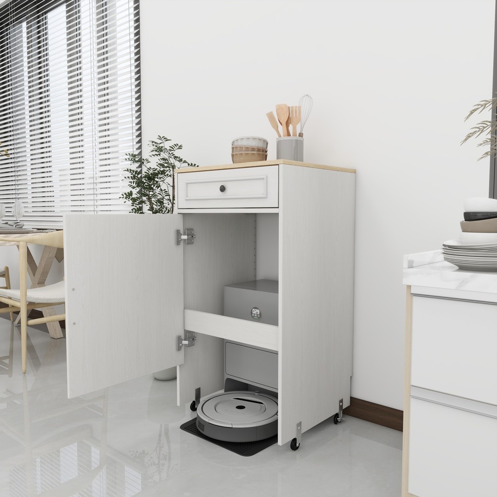 Robot Vacuum Stand with Wheels, Storage Cabinet with Doors & Drawers