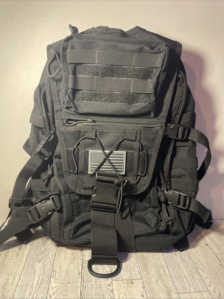 Large Black Military Style Tactical Backpack with many pockets for Storage