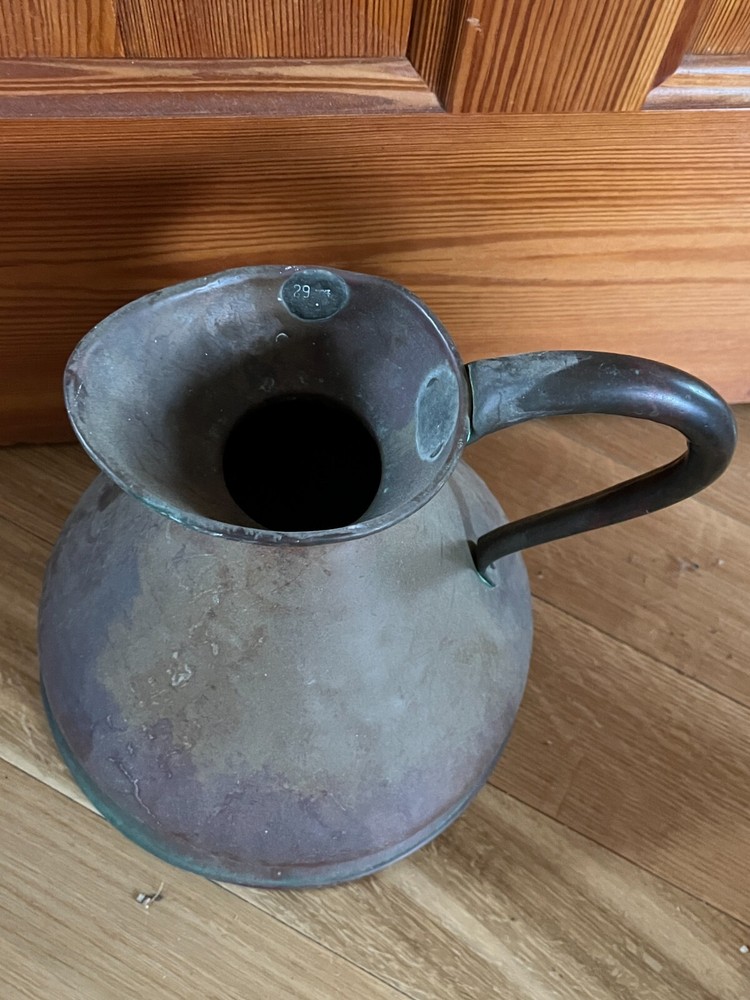Antique Large Solid Copper Metal Primitive Pitcher w Numbers indicating size –