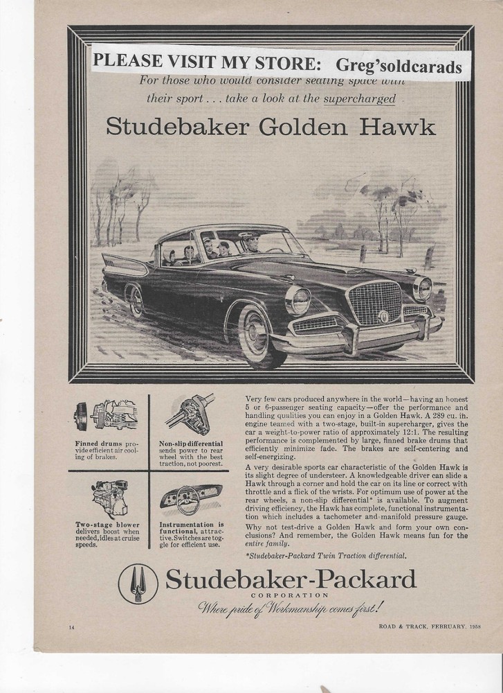Original 1958 Studebaker Golden Hawk vintage print ad