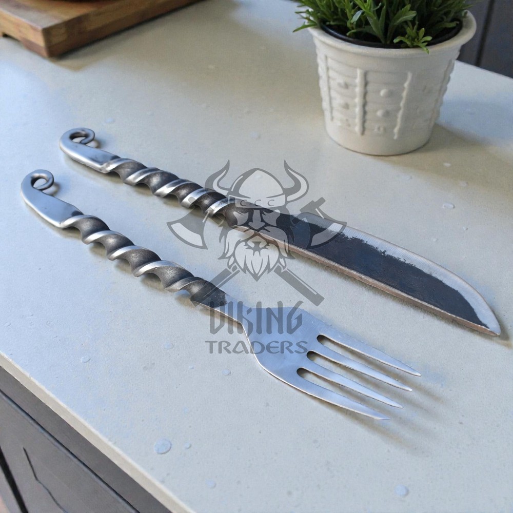 Hand Forged Medieval Iron Knife & Fork Set – Rustic Dining Cutlery