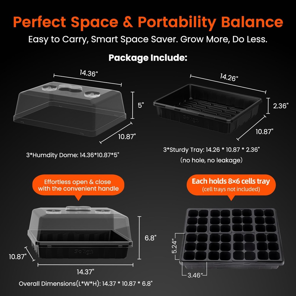 [Thick Plastic] 3-Set Strong Seed Starter Trays with 5" Humidity Domes for Se...