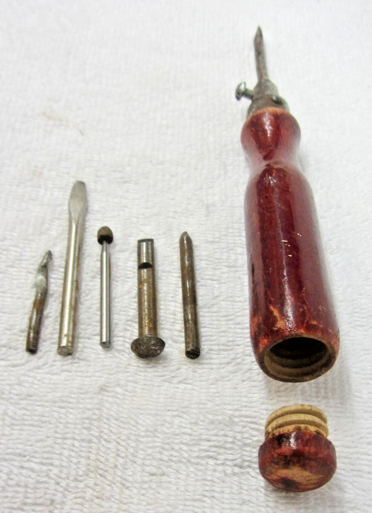 Vintage Antique Wood Handle Screwdriver Multi Tool w/ Bit Storage Handle ~6 Bits