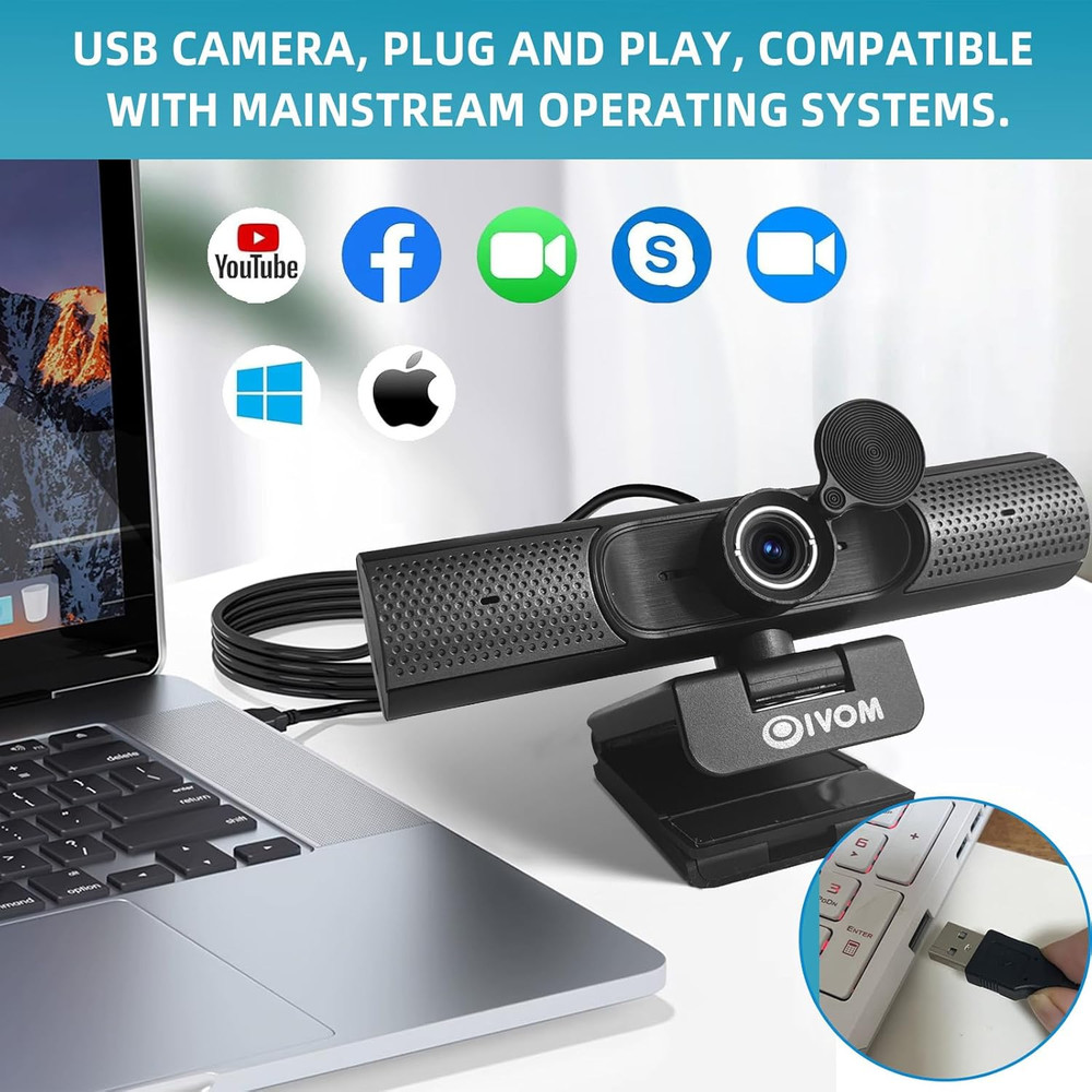 Webcam with Microphone and Speaker, 1080P Web Camera for Desktop Computer Laptop