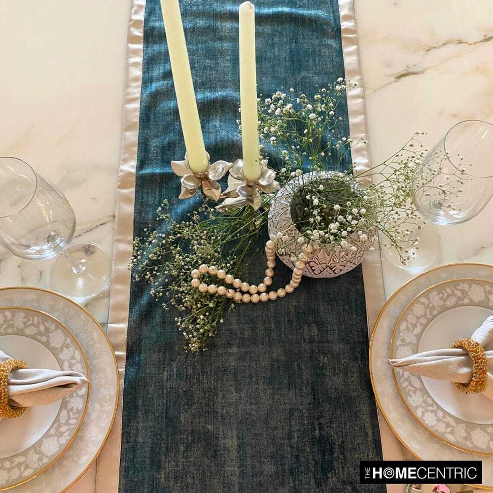 Decorative Table Runner Blue Velvet Wedding Décor Elegant Table Décor - Azriel