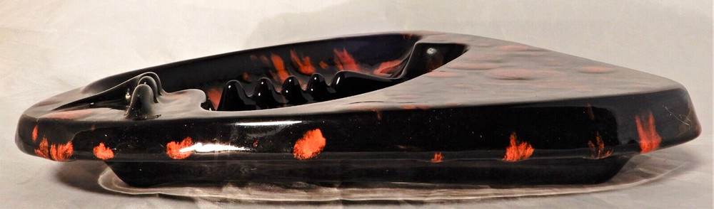 Vintage Ceramic Ashtray Glossy Black with Red Drip 10.75"