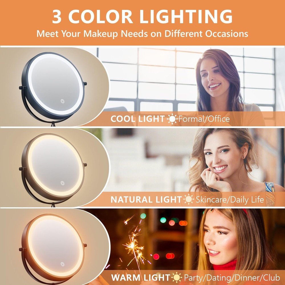8'' Wall Mounted Lighted Makeup Mirror, 3200mAh Rechargeable Double-Sided 1X/...