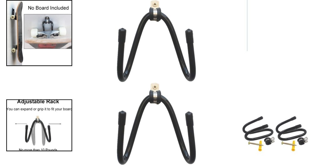 Space-Saving Black Metal Skateboard Wall Rack - Flexible Adjustable Hanger