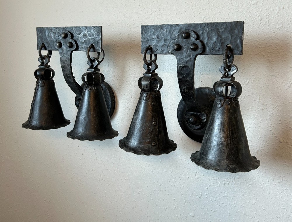 pair 1920-1930's hammered iron Arts & Crafts Gothic sconces