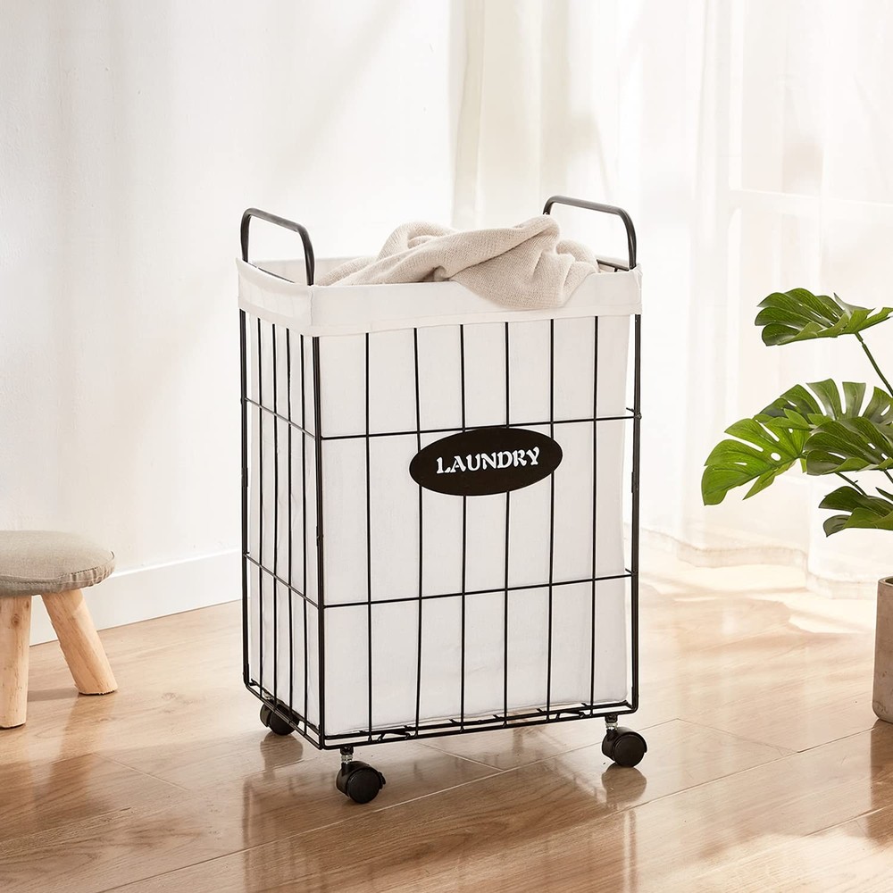 Mxfurhawa Iron Wire Laundry Hamper With Rolling Lockable Wheels, Folding Laun