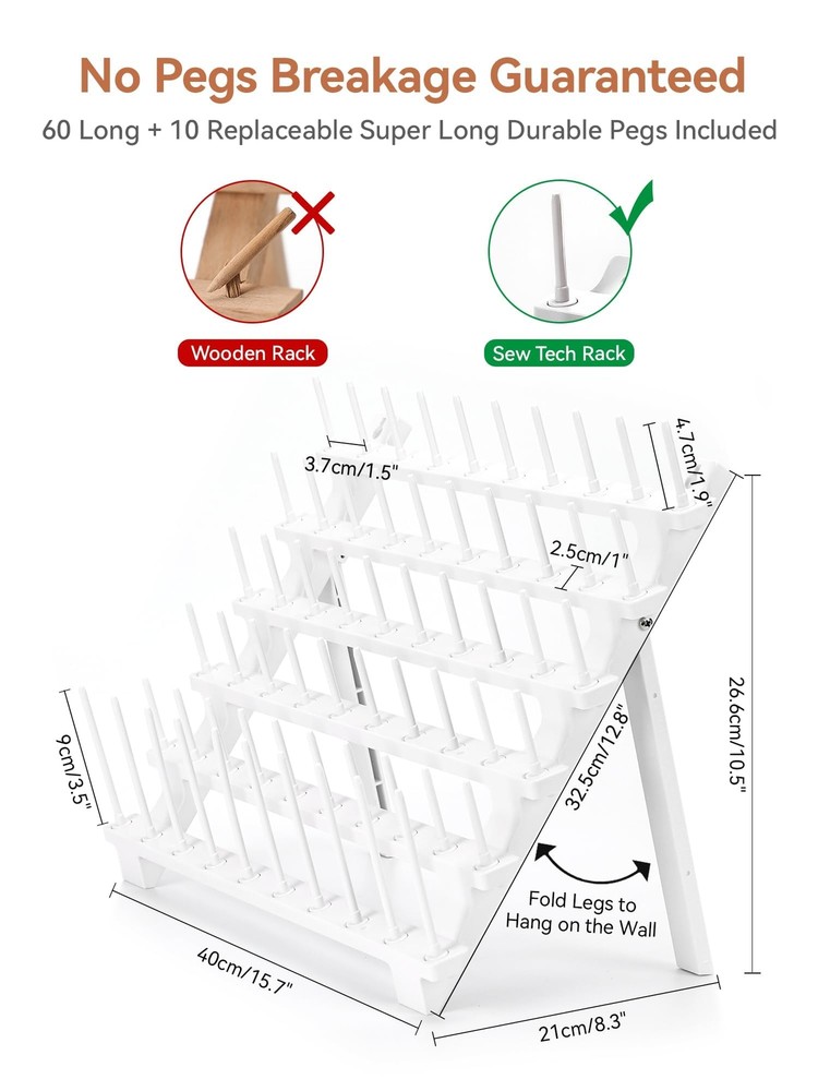 Thread Rack Bright White Plastic Thread Holder with 60 Pegs and Extra 10 Long...