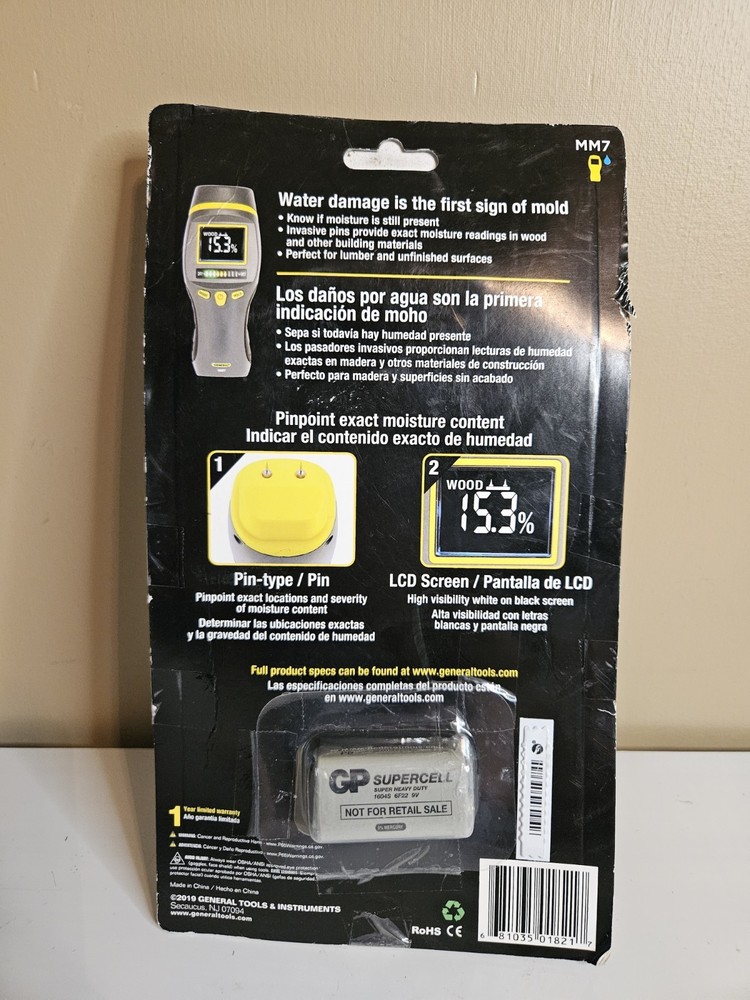 General Tools MM7 Pin-Type Digital Display Wood Drywall Moisture Detector Meter