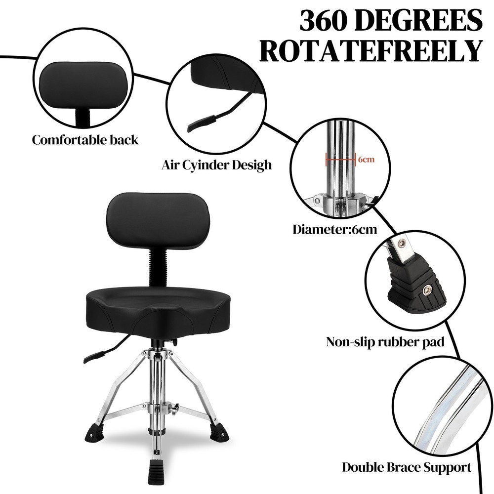 Drum Throne w/Backrest, Hydraulic Drum Stool Adjustable Saddle Seat for Drummers