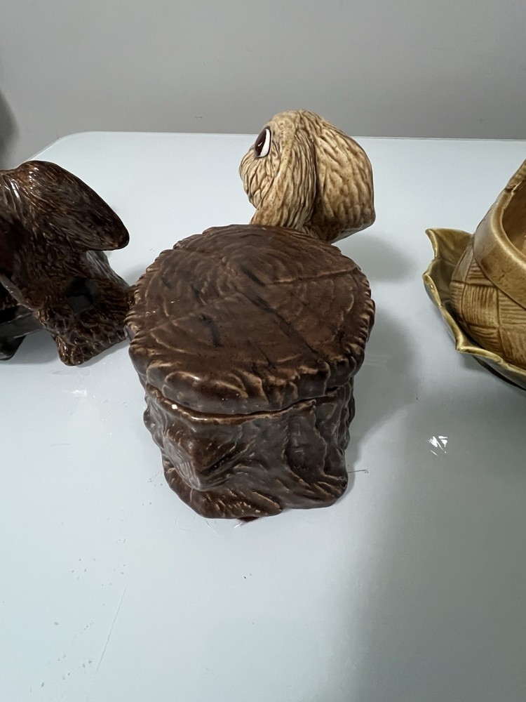 3 Vtg Ceramic Easter Bunny Candy Dishes And Basket