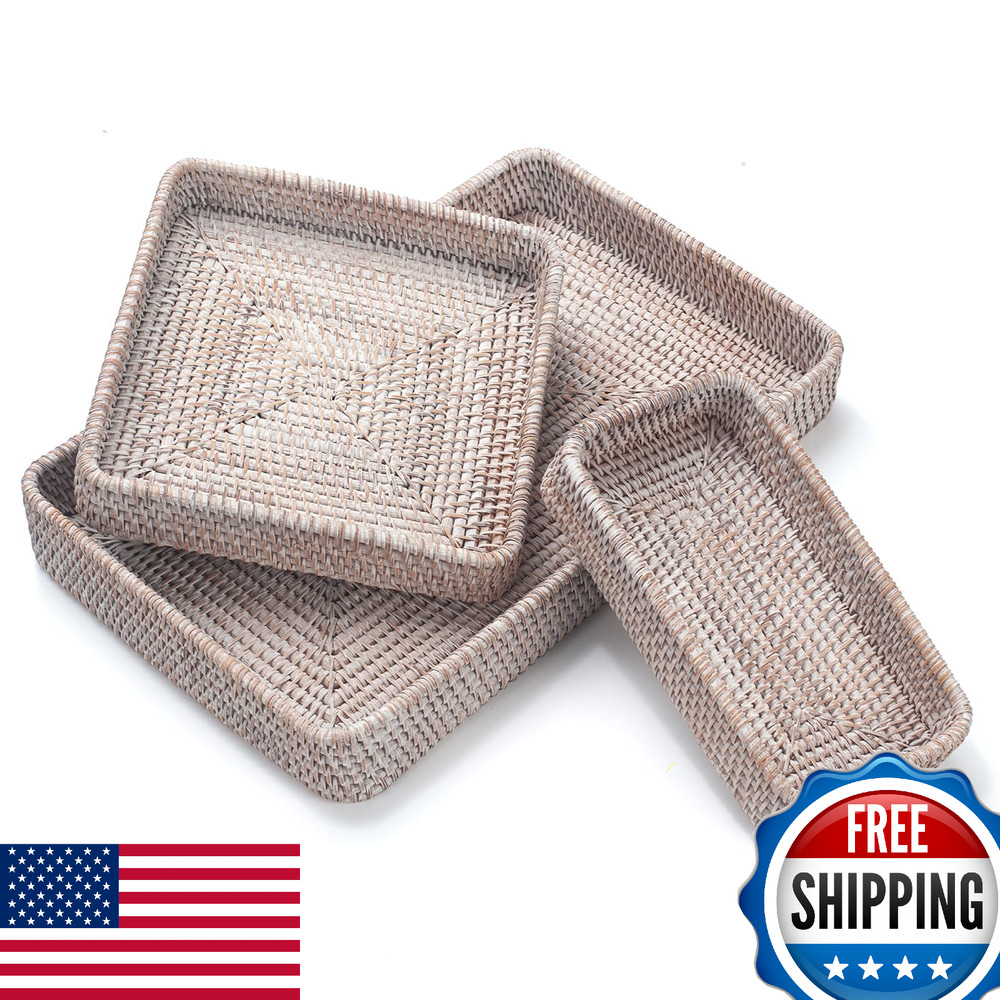 Rattan Serving Tray Set - Rectangular Woven Wicker Decorative Baskets