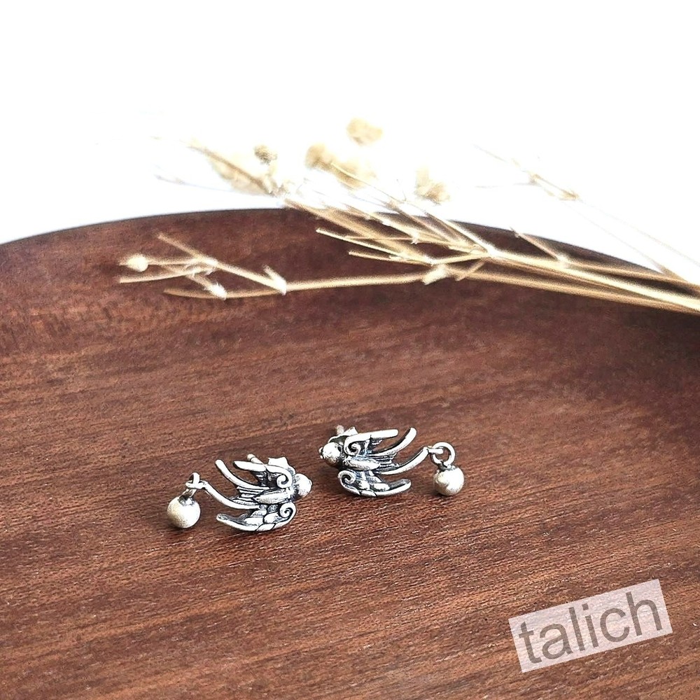Sterling Silver Flying Swallow Bird with Tiny Bead Small Stud Earrings Unique