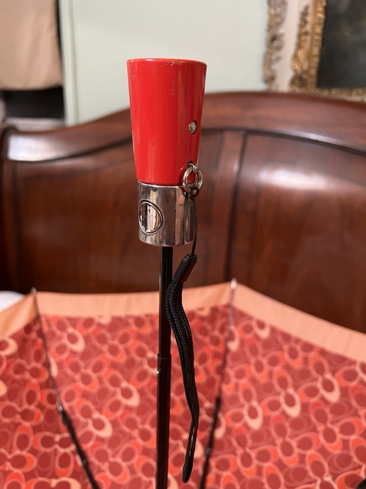 Coach Umbrella Bright Fall Colors Red Orange Black Short Handle Wrist Strap EUC
