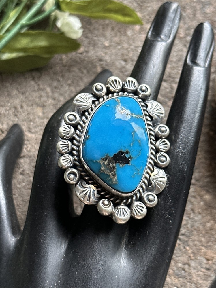 Native American Sterling Silver Turquoise Adjustable Ring. KY