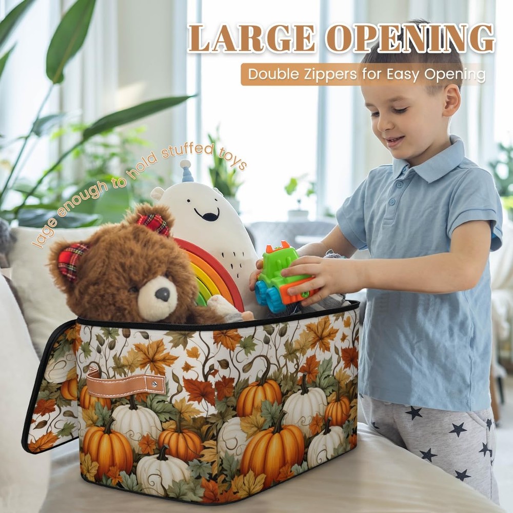 Fall Pumpkin Storage Bins with Lids, Maple Leaf Fabric Storage Boxes with Zip...